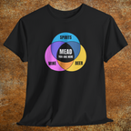 Black shirt with colorful graphic Venn diagram of spirits, beer, wine, and Mead You Are Here in center