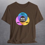 Heather brown shirt with colorful graphic Venn diagram of spirits, beer, wine, and Mead You Are Here in center