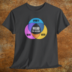 Heather charcoal gray shirt with colorful graphic Venn diagram of spirits, beer, wine, and Mead You Are Here in center