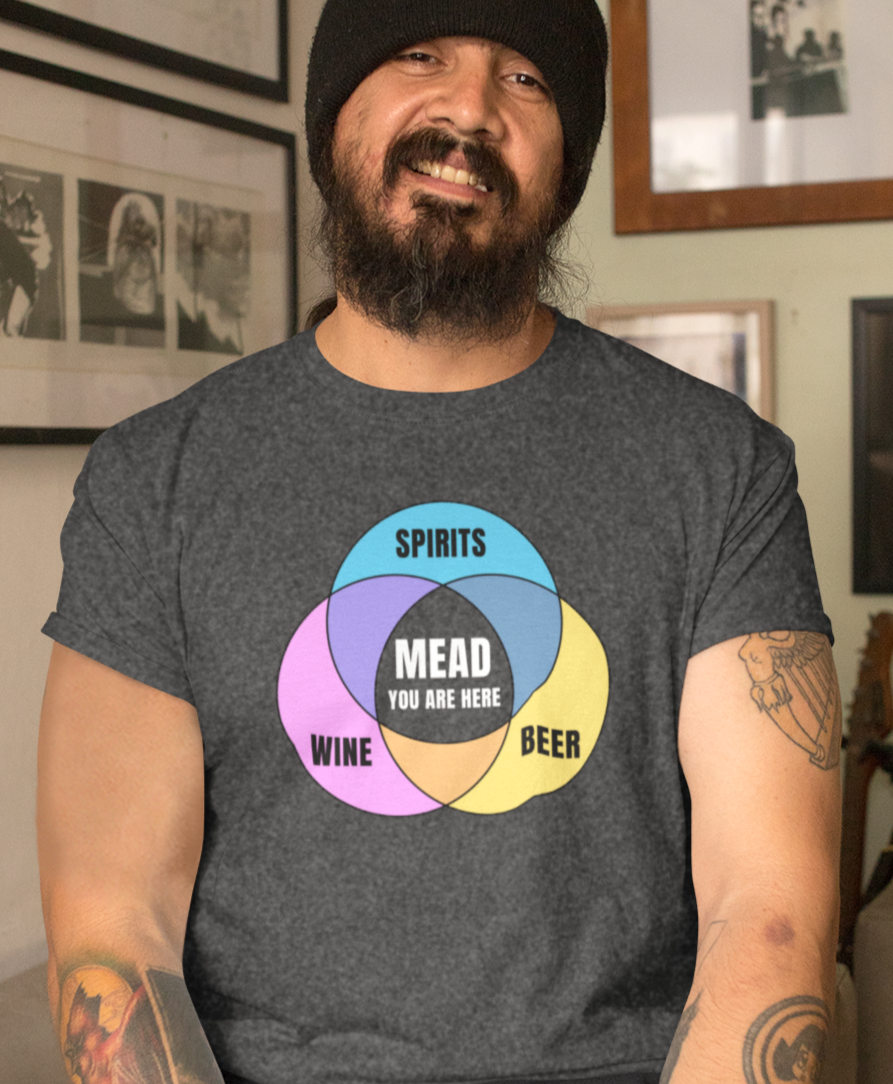 Man wearing charcoal gray shirt with colorful graphic Venn  diagram of wine, beer, spirits, and Mead You Are Here in center.