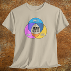 Heather tan shirt with colorful graphic Venn diagram of spirits, beer, wine, and Mead You Are Here in center