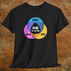 Black shirt with colorful graphic Venn diagram of spirits, beer, mead, and Wine You Are Here in center