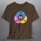Heather brown shirt with colorful graphic Venn diagram of mead, beer, spirits, and Wine You Are Here in center