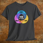 Heather charcoal gray shirt with colorful graphic Venn diagram of spirits, beer, mead, and Wine You Are Here in center