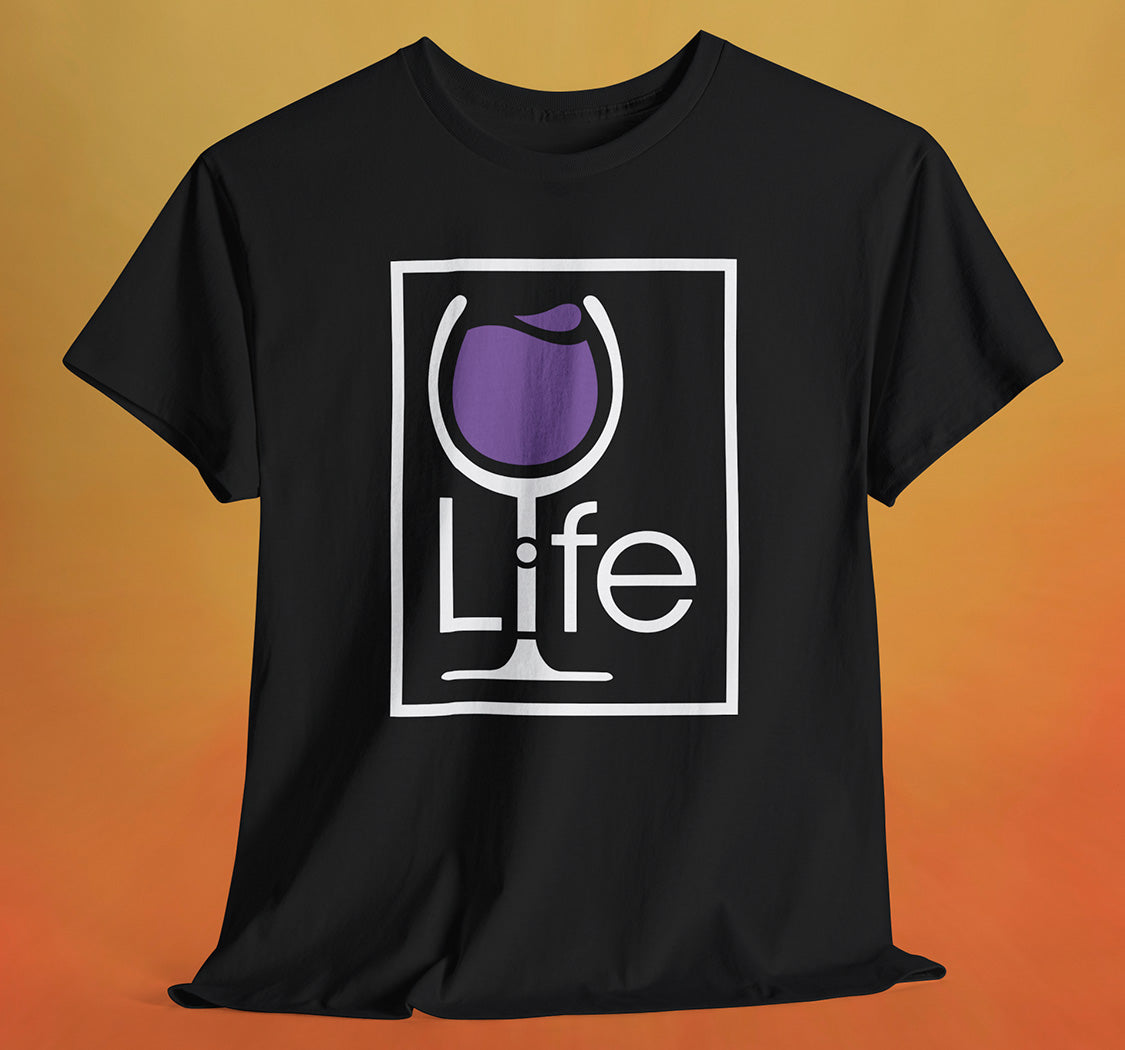 A black t-shirt with a Wine Life logo and a purple wine glass inside a rectangle.