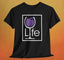 A black t-shirt with a Wine Life logo and a purple wine glass inside a rectangle.