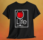 A black t-shirt with a Wine Life logo and a red wine glass inside a rectangle.