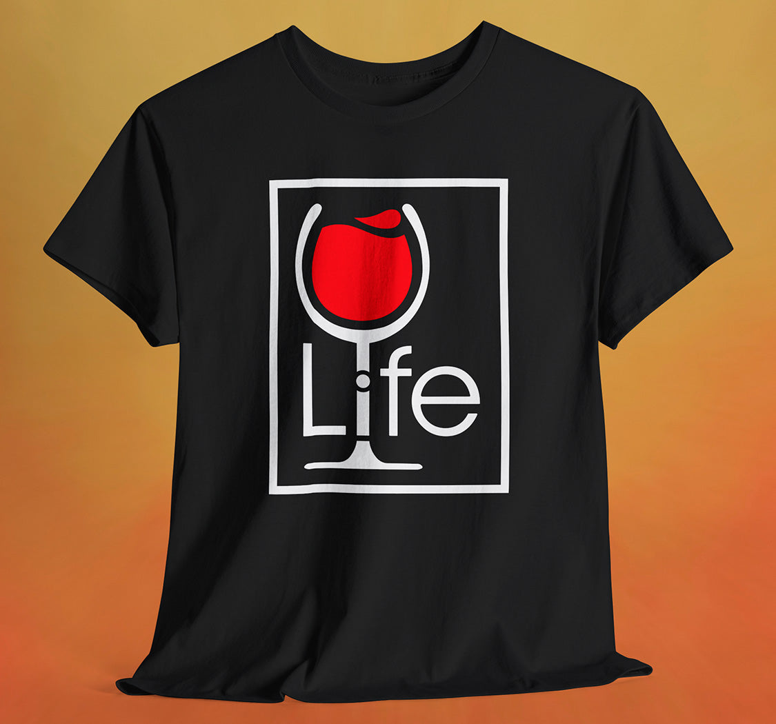 A black t-shirt with a Wine Life logo and a red wine glass inside a rectangle.