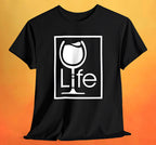 A black t-shirt with a Wine Life logo and a white wine glass inside a rectangle.