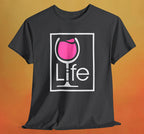 A heather charcoal t-shirt with a Wine Life logo and a pink wine glass inside a rectangle.