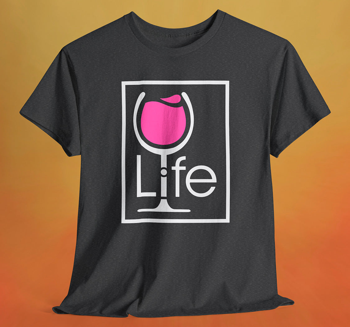 A heather charcoal t-shirt with a Wine Life logo and a pink wine glass inside a rectangle.