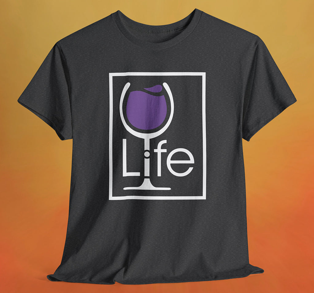 A heather charcoal t-shirt with a Wine Life logo and a purple wine glass inside a rectangle.