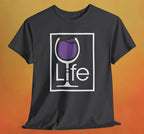 A heather charcoal t-shirt with a Wine Life logo and a purple wine glass inside a rectangle.