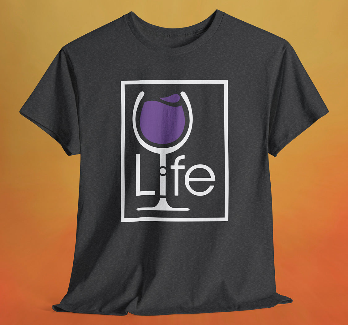 A heather charcoal t-shirt with a Wine Life logo and a purple wine glass inside a rectangle.