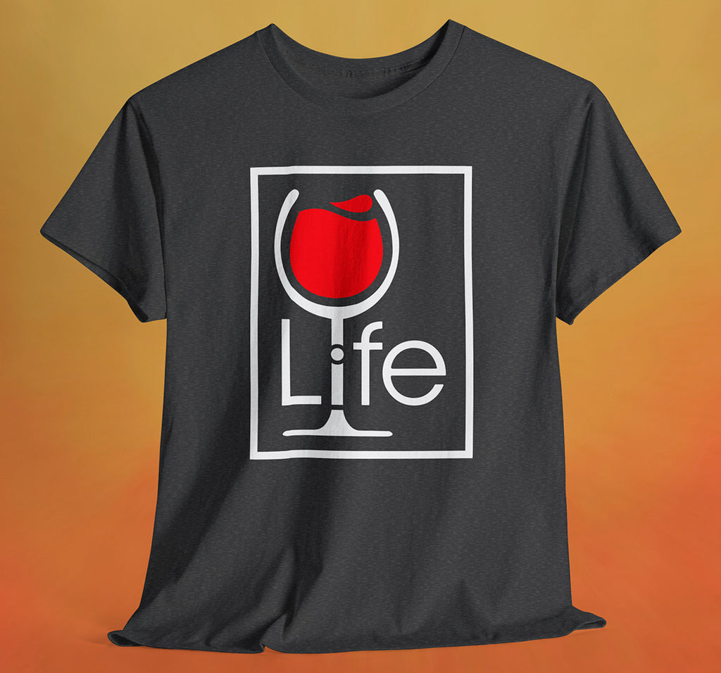 A heather charcoal t-shirt with a Wine Life logo and a red wine glass inside a rectangle.