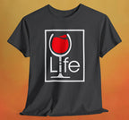 A heather charcoal t-shirt with a Wine Life logo and a red wine glass inside a rectangle.