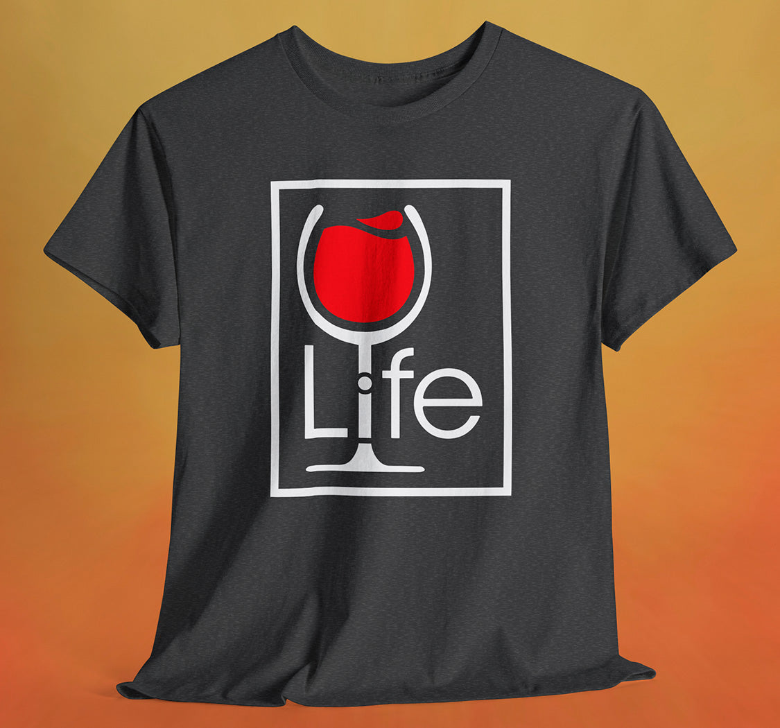 A heather charcoal t-shirt with a Wine Life logo and a red wine glass inside a rectangle.