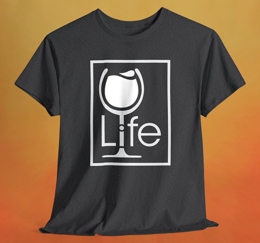 A heather charcoal t-shirt with a Wine Life logo and a white wine glass inside a rectangle.