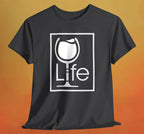 A heather charcoal t-shirt with a Wine Life logo and a white wine glass inside a rectangle.
