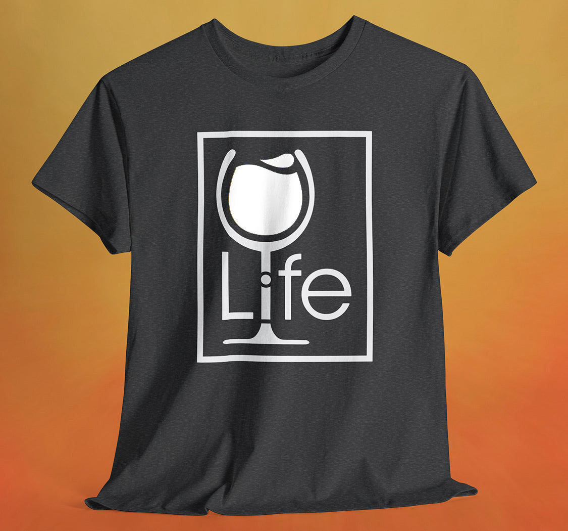 A heather charcoal t-shirt with a Wine Life logo and a white wine glass inside a rectangle.