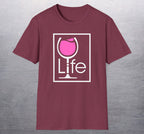 A heather maroon t-shirt with a Wine Life logo and a pink wine glass inside a rectangle.