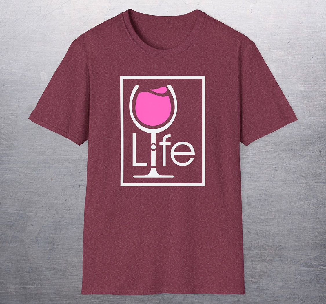 A heather maroon t-shirt with a Wine Life logo and a pink wine glass inside a rectangle.