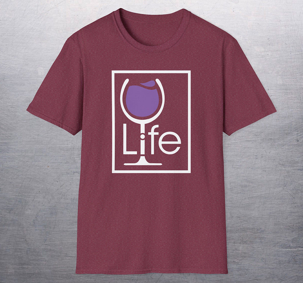 A heather maroon t-shirt with a Wine Life logo and a purple wine glass inside a rectangle.