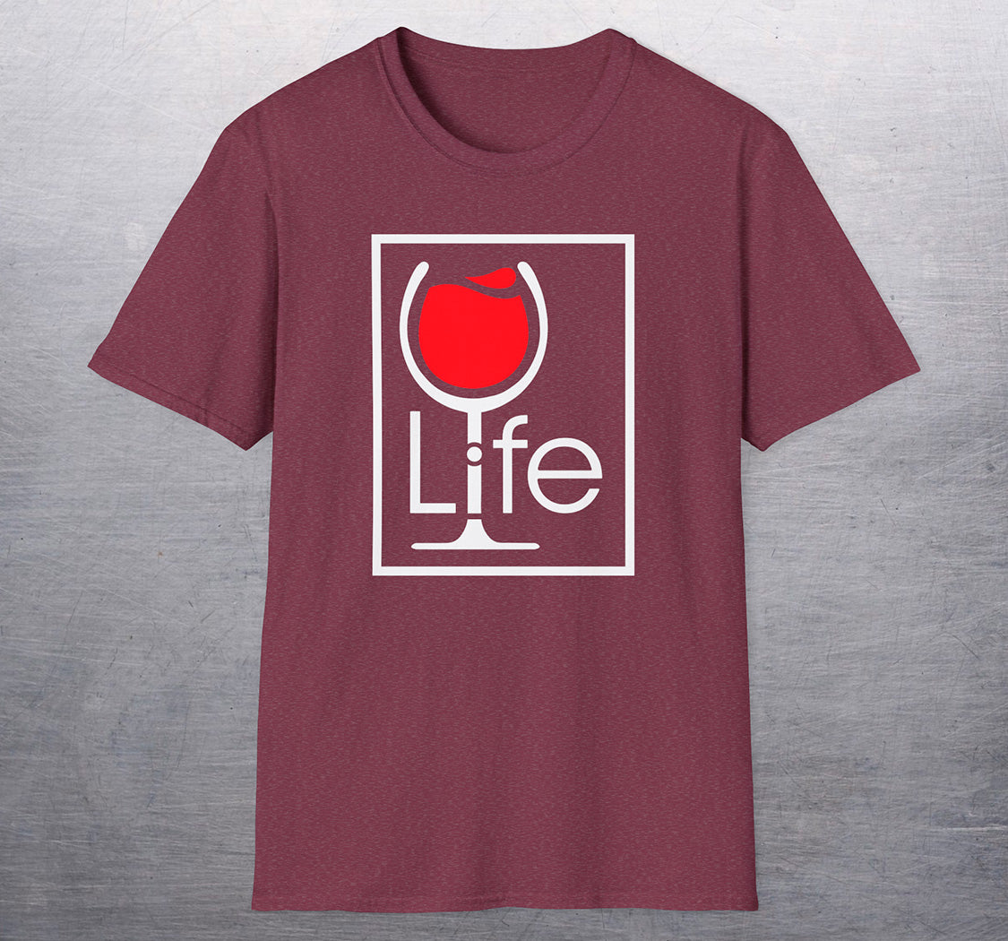 A heather maroon t-shirt with a Wine Life logo and a red wine glass inside a rectangle.