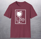 A heather maroon t-shirt with a Wine Life logo and a white wine glass inside a rectangle.
