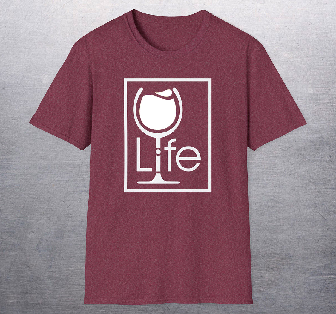 A heather maroon t-shirt with a Wine Life logo and a white wine glass inside a rectangle.