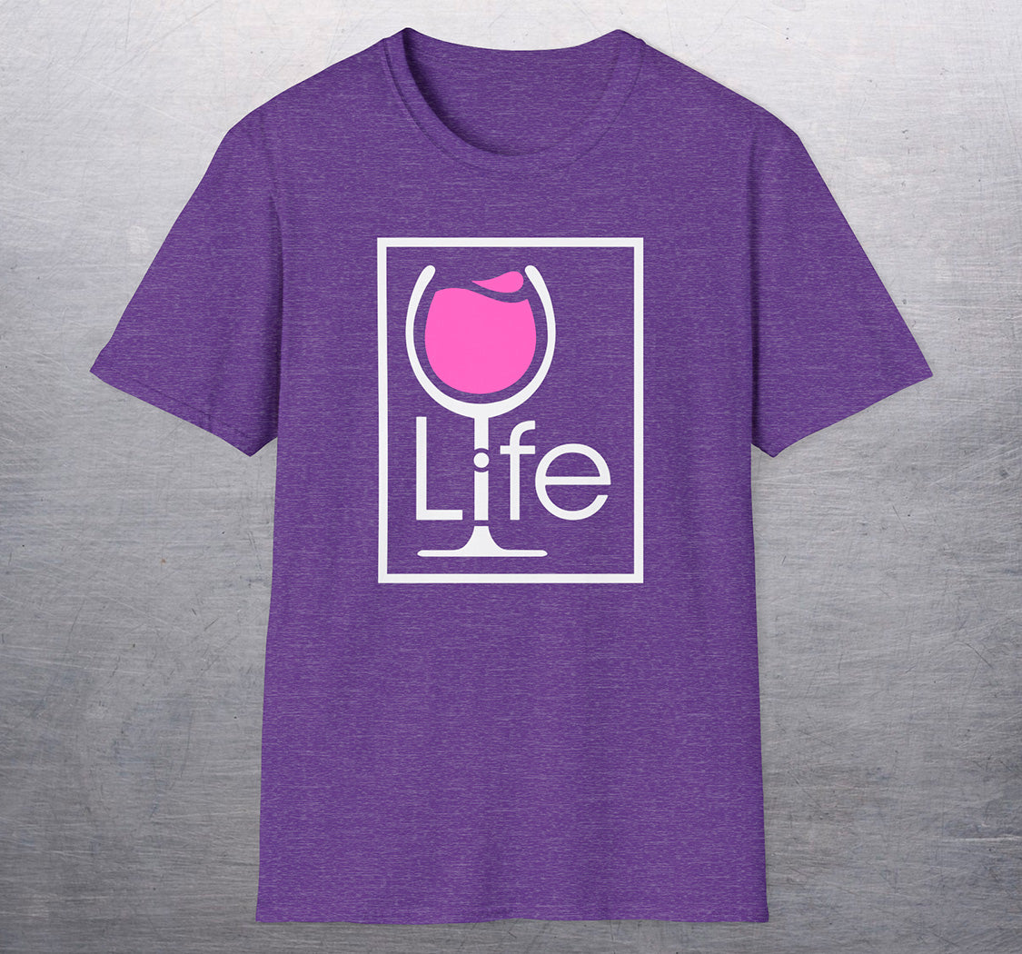 A heather purple t-shirt with a Wine Life logo and a pink wine glass inside a rectangle.