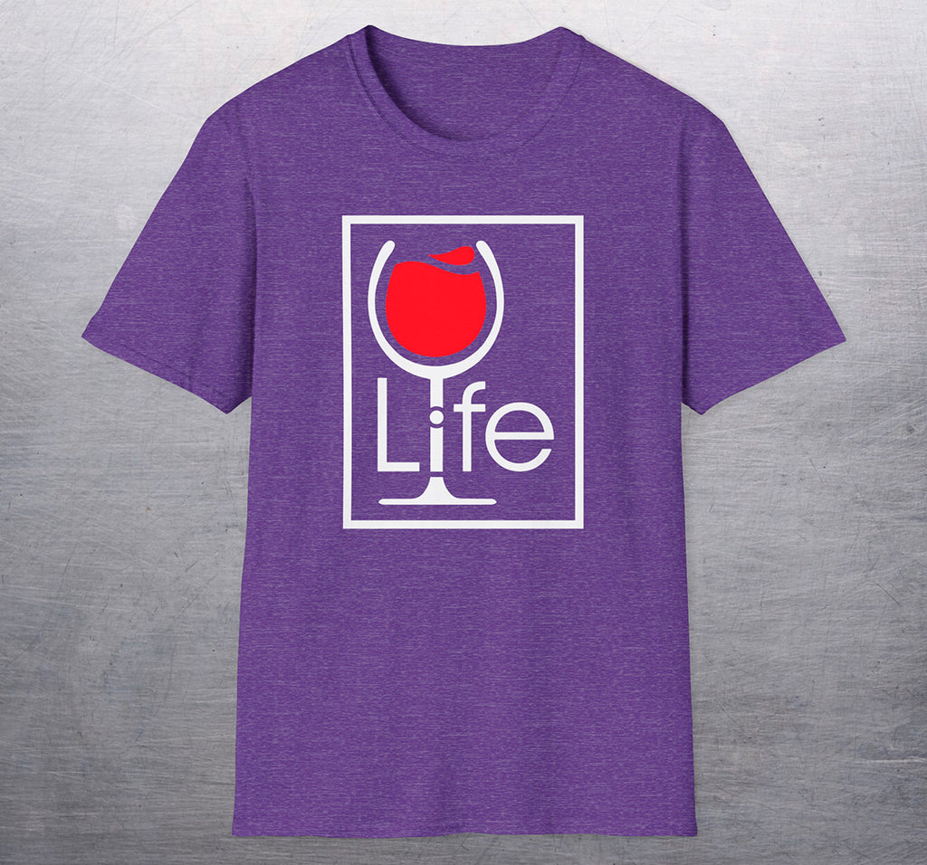 A heather purple t-shirt with a Wine Life logo and a red wine glass inside a rectangle.