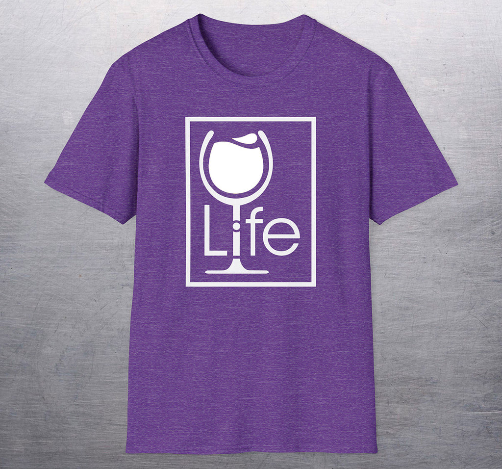 A heather purple t-shirt with a large Wine Life logo with a white wine glass inside a rectangle.