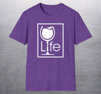 A heather purple t-shirt with a large Wine Life logo with a white wine glass inside a rectangle.
