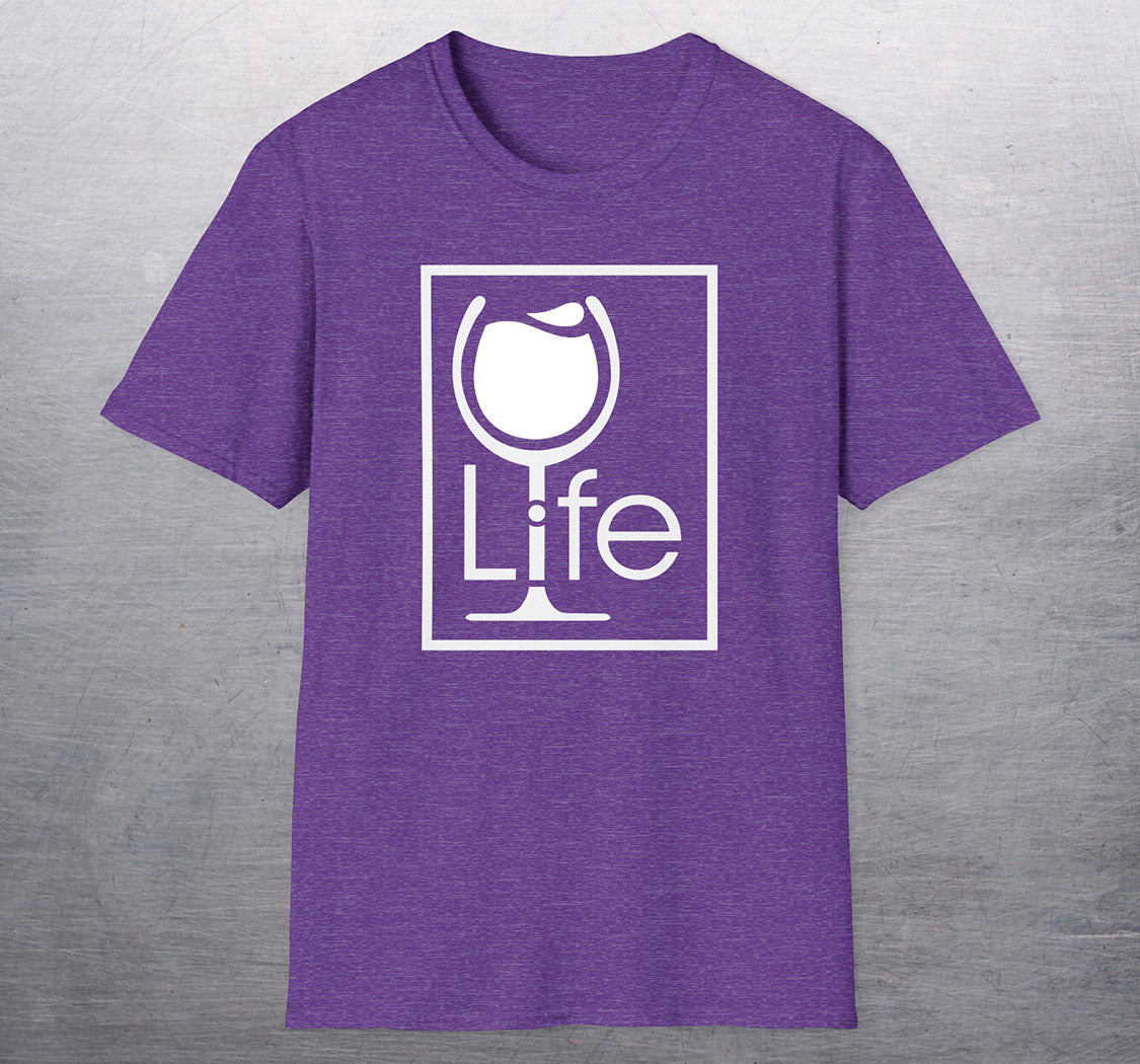 A heather purple t-shirt with a large Wine Life logo with a white wine glass inside a rectangle.