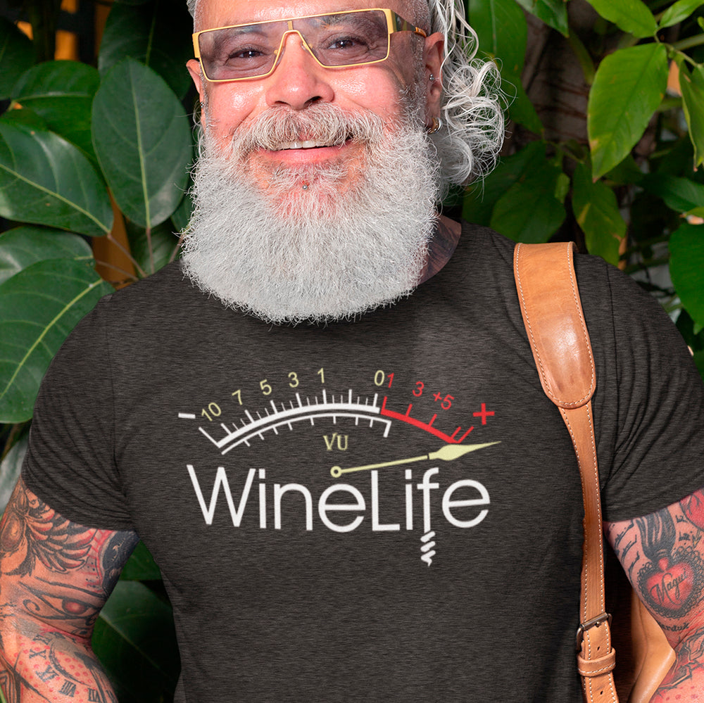 Red Wine Life Overload T-Shirt featuring a vintage meter design, ideal for wine lovers who appreciate style and comfort.