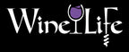 Wine Life text written in jagged edge calligraphy letters, with a glass of purple wine and a corkscrew