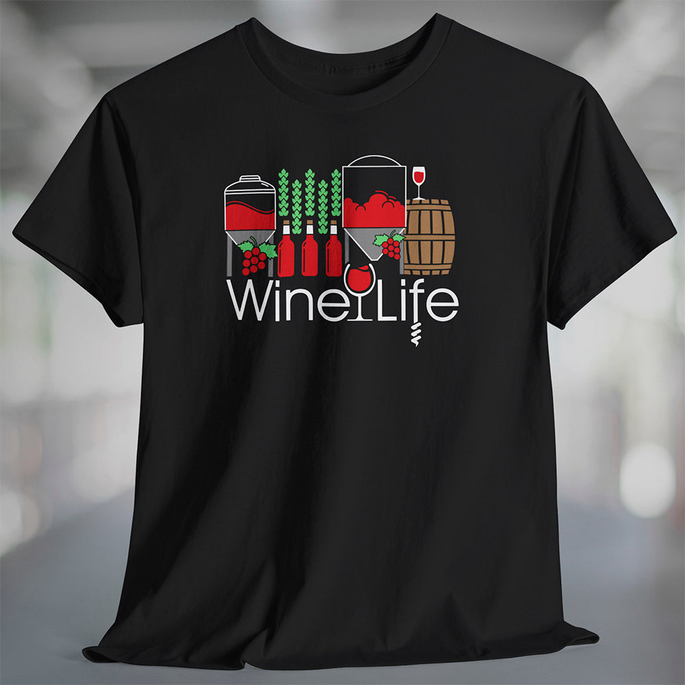 Black t-shirt with 'Wine Life' logo and winery themed graphic design