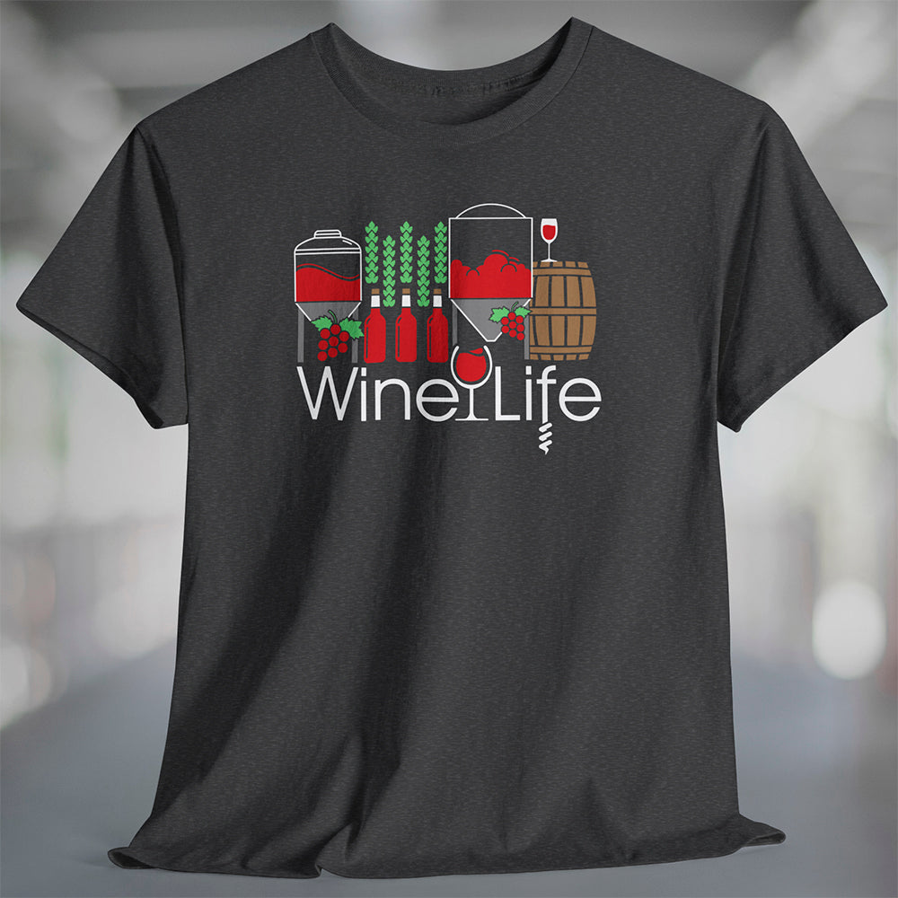 Heather charcoal t-shirt with 'Wine Life' logo and winery themed graphic design