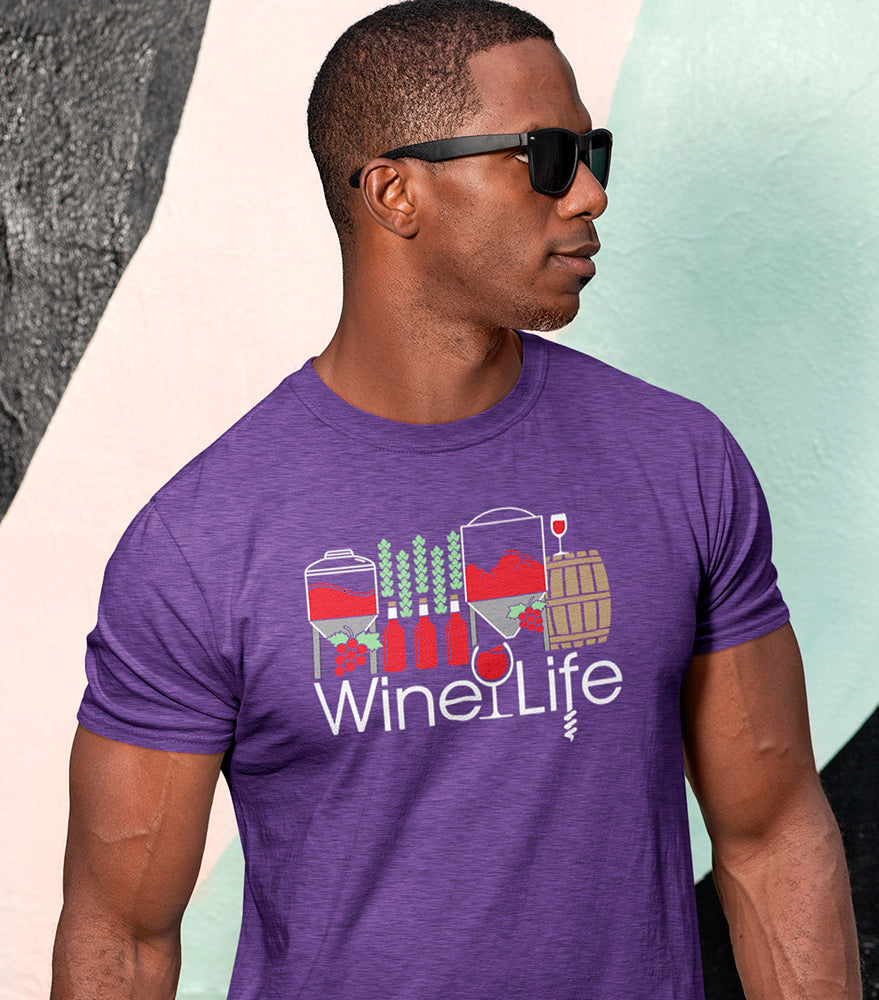 Man wearing a heather purple t-shirt with 'Wine Life' logo and winery themed  graphic design