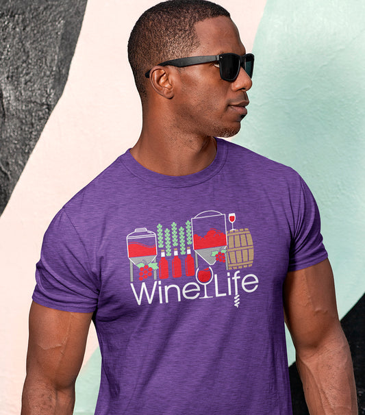 Man wearing a heather purple t-shirt with 'Wine Life' logo and winery themed  graphic design