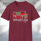 Heather maroon t-shirt with 'Wine Life' logo and winery themed graphic design
