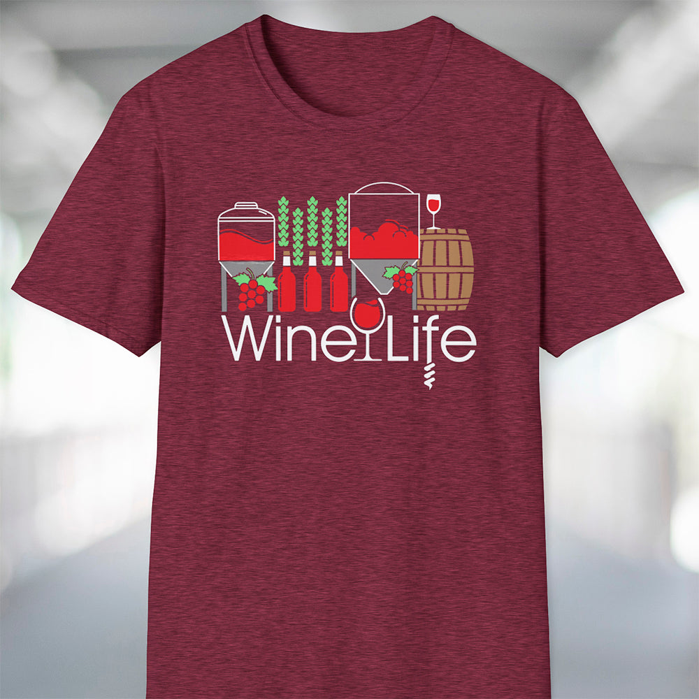 Heather maroon t-shirt with 'Wine Life' logo and winery themed graphic design