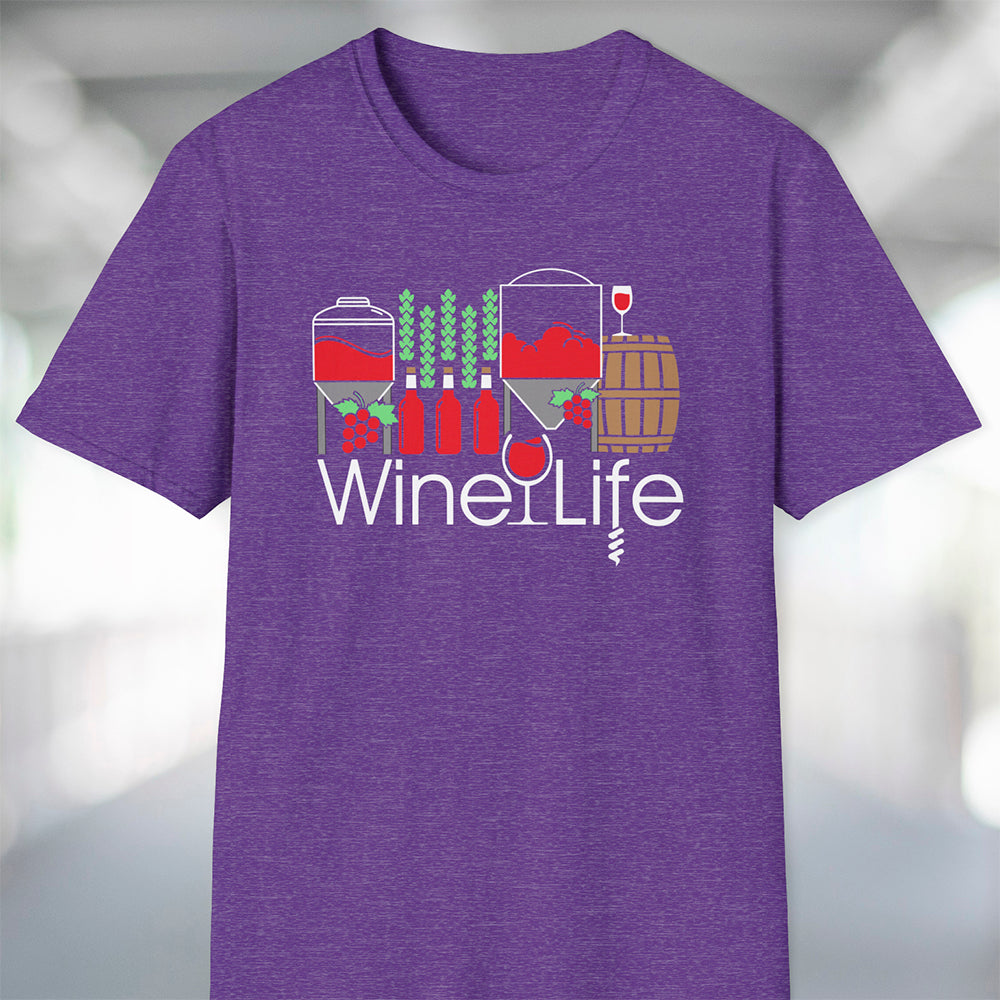 Heather purple t-shirt with 'Wine Life' logo and winery themed graphic design