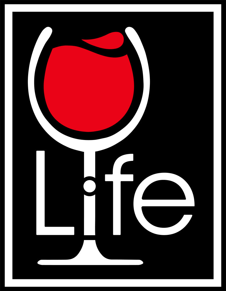 Wine Life logo with a glass of red wine inside a rectangle.
