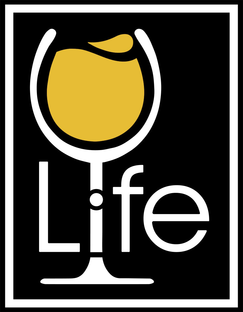 Wine Life logo with yellow wine glass in rectangle