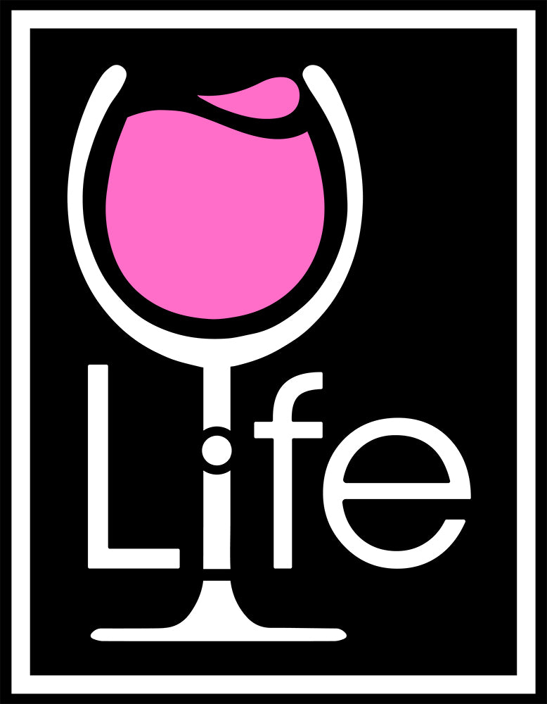 Wine Life logo with a glass of pink rose' wine inside a rectangle.