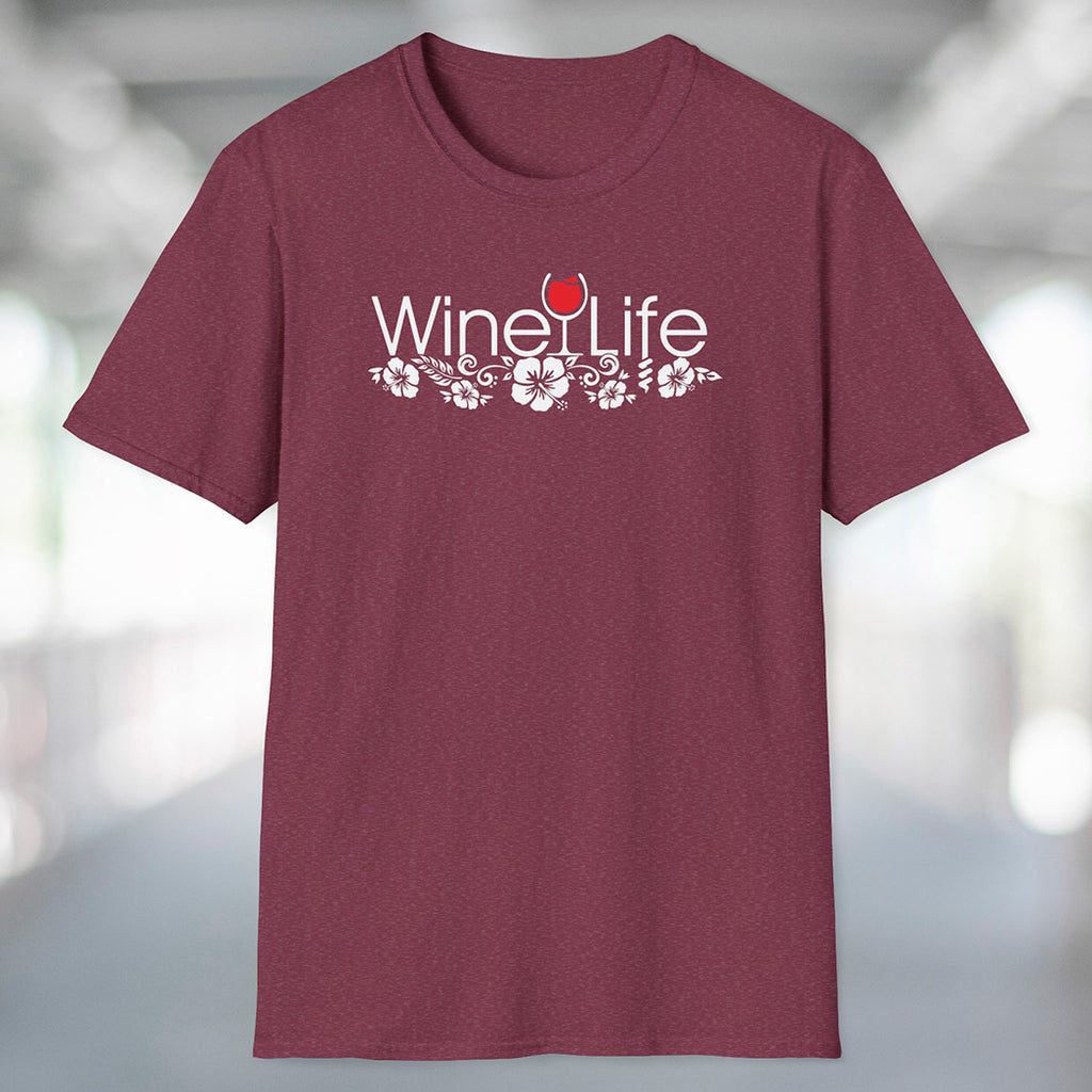 A heather maroon red t-shirt with the Wine Life logo, featuring hibiscus flowers, on the front.
