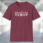 A heather maroon red t-shirt with the Wine Life logo, featuring hibiscus flowers, on the front.