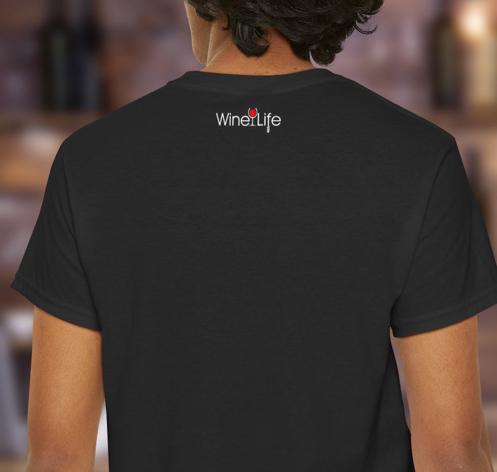 Person wearing a black t-shirt with small Wine Life logo on the back neckline